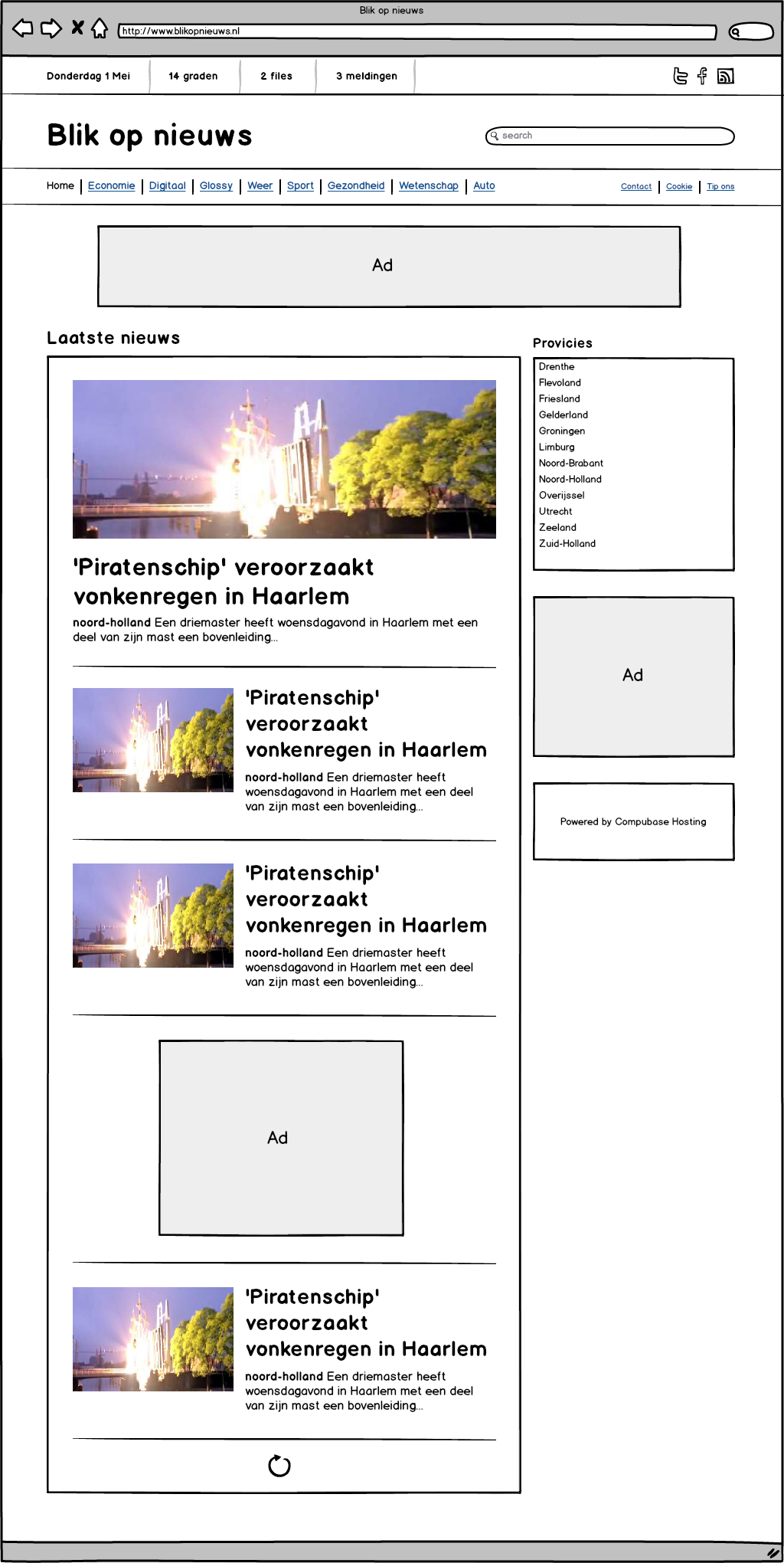 Wireframe Drupal website Blik op nieuws