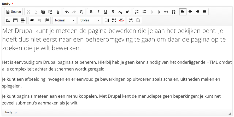 Compubase Ckeditor screenshot, makkelijk teksten beheren in Drupal