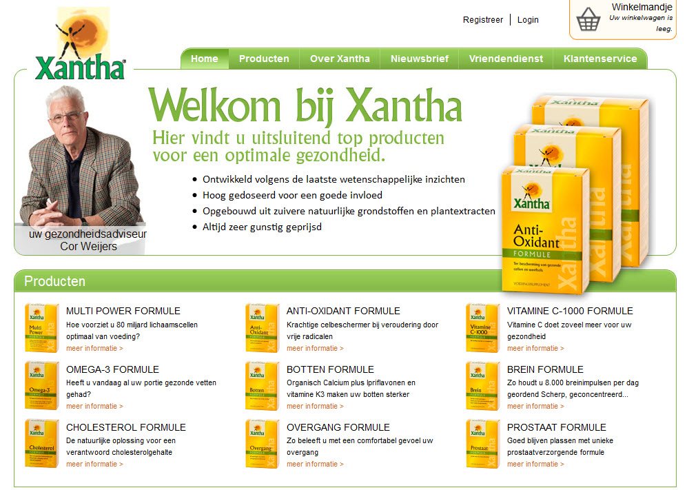 Detail van de Drupal Ubercart website Xantha Voedingssupplementen