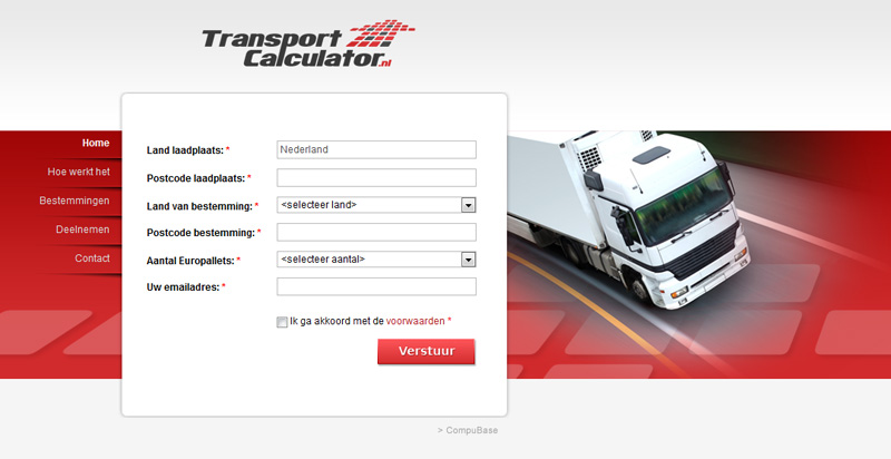 Detail van de website Transport calculator