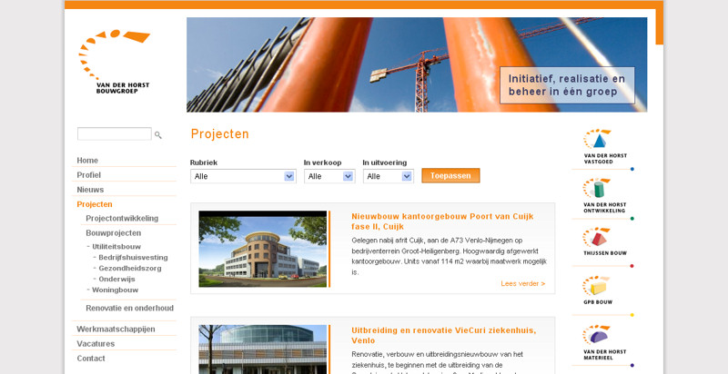Detail van de website van Van der Horst Bouwgroep